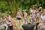 Girls, hawaiian, handkerchief dress, ties at shoulders, v neck, birds of paradise, mauve, flowy, Coradorables, modern aloha, aloha wear, resort wear, family matching