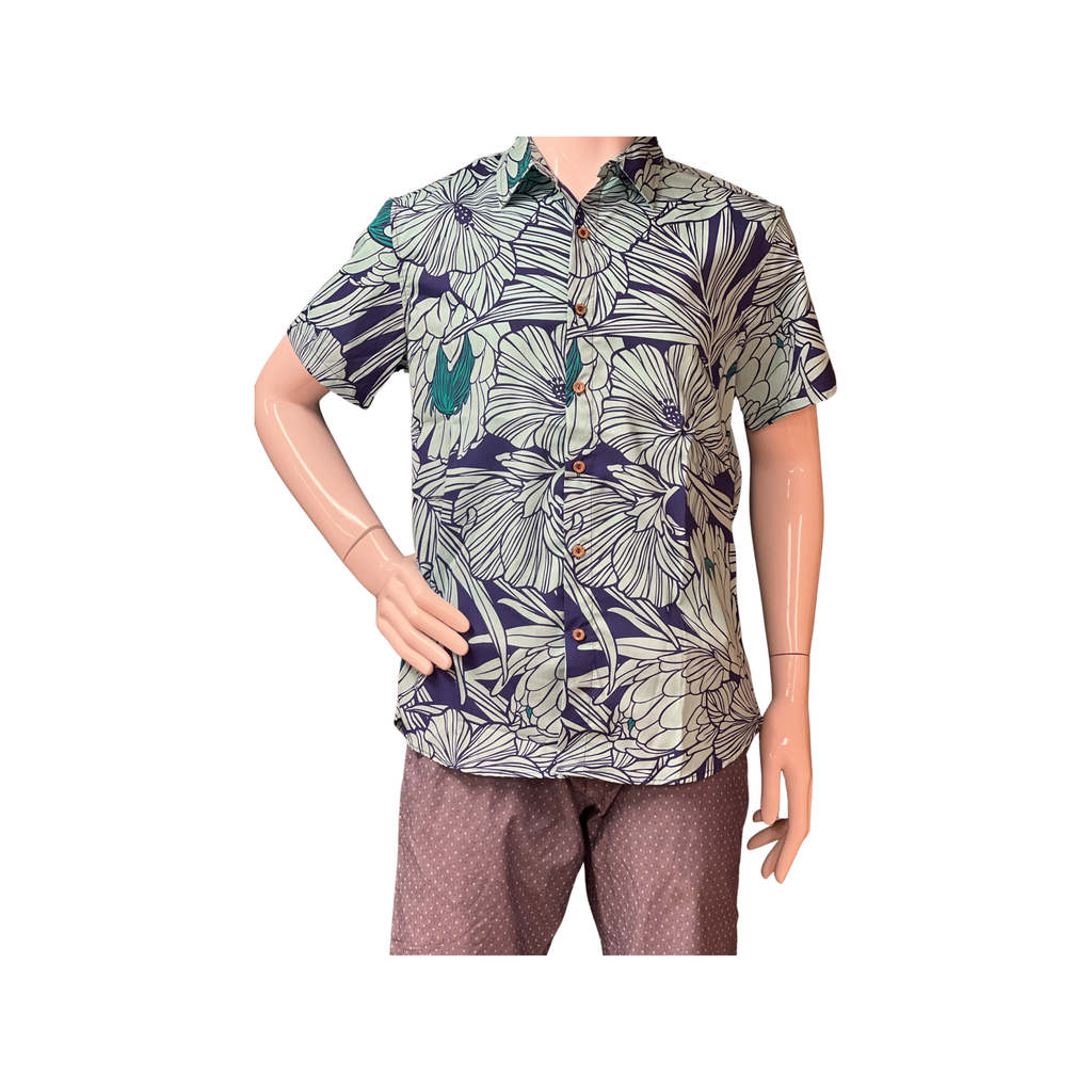 Cora Spearman Hawaii MENS Protea Aqua S/S "Kalani" Aloha Shirt
