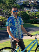mens hawaiian shirt, quilt, ocean blue, slim fit, aloha shirt, aloha wear, resort wear, Coradorables, family matching, flowery Hawaiian quilt
