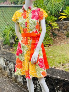 womans, hawaiian, shirt dress, fitted, groovy, hibiscus, yellow, orange, Coradorables, modern aloha, aloha wear, resort wear, family matching