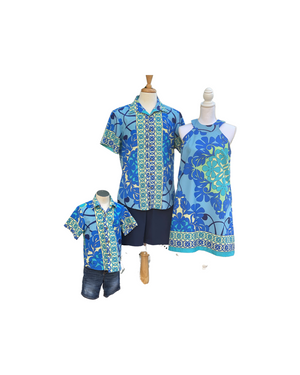 hawaiian dress, halterneck,  men's hawaiian shirt, kid's hawaiian shirt, quilt, ocean blue, aloha wear, resort wear, Coradorables, family matching,  flowery