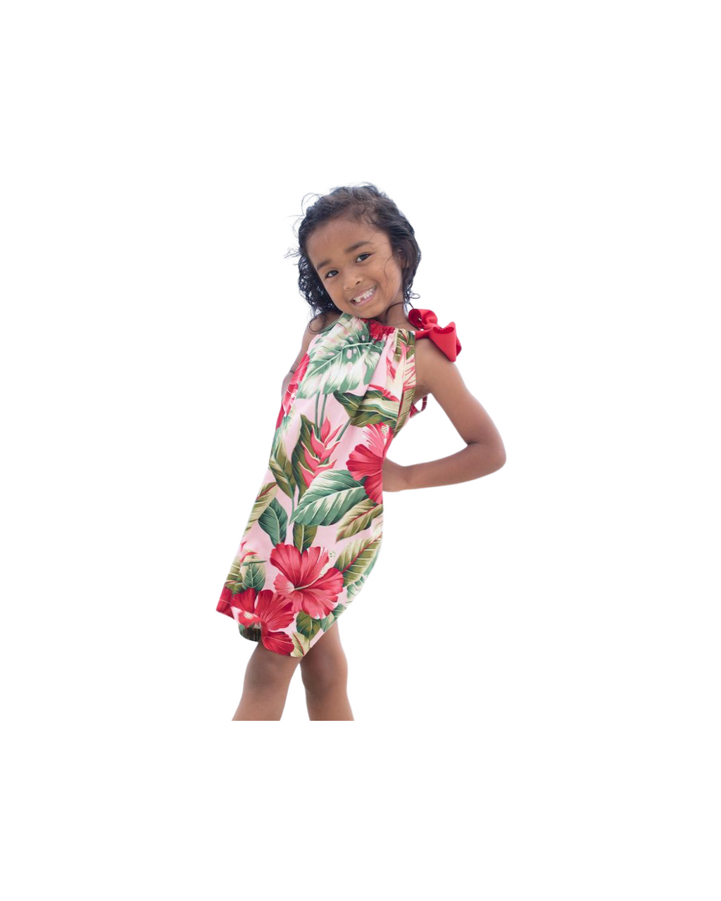 girls ribbon dress, ties at shoulder, hawaiian print, royal hawaiian, pink, tropical , Coradorables, Aloha wear, resort wear, family matching