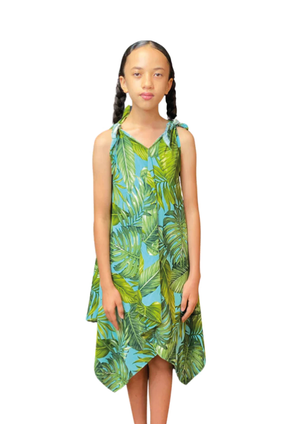 Coradorables GIRLS Monstera 21 Turquoise Handkerchief Dress