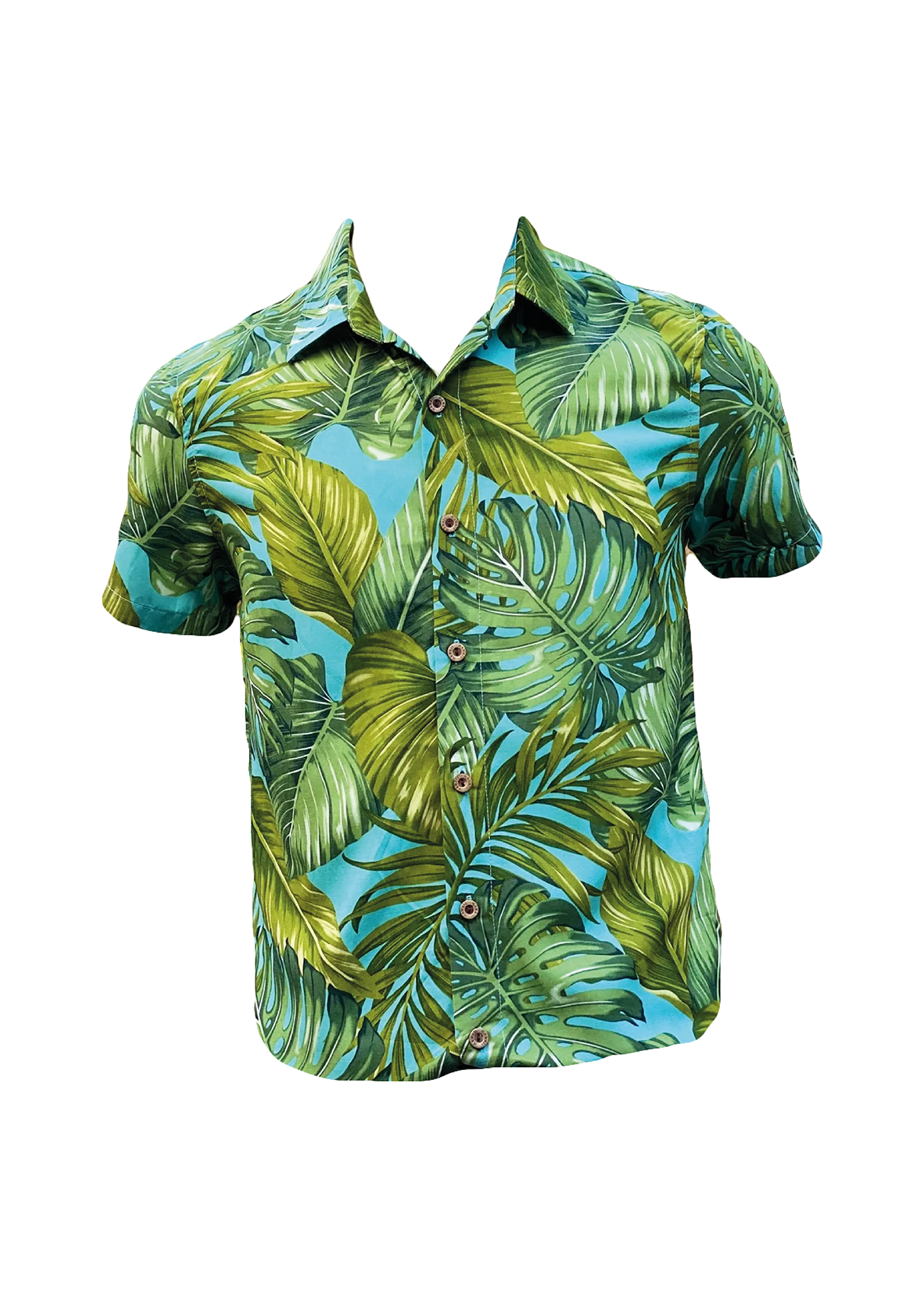 Cora Spearman Hawaii MENS Monstera 21 Turquoise S/S "Kalani" Aloha Shirt