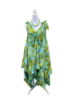 Cora Spearman Hawaii WOMENS  Monstera 21 Turquoise Handkerchief Dress