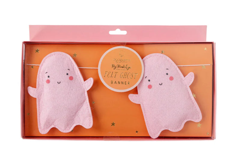 A LITTLE GHOUL PUFFY PINK FELT GHOST BANNER
