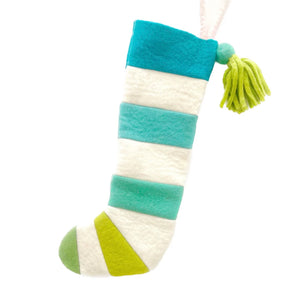 Green and Blue Striped Hand Felted Mini Stocking