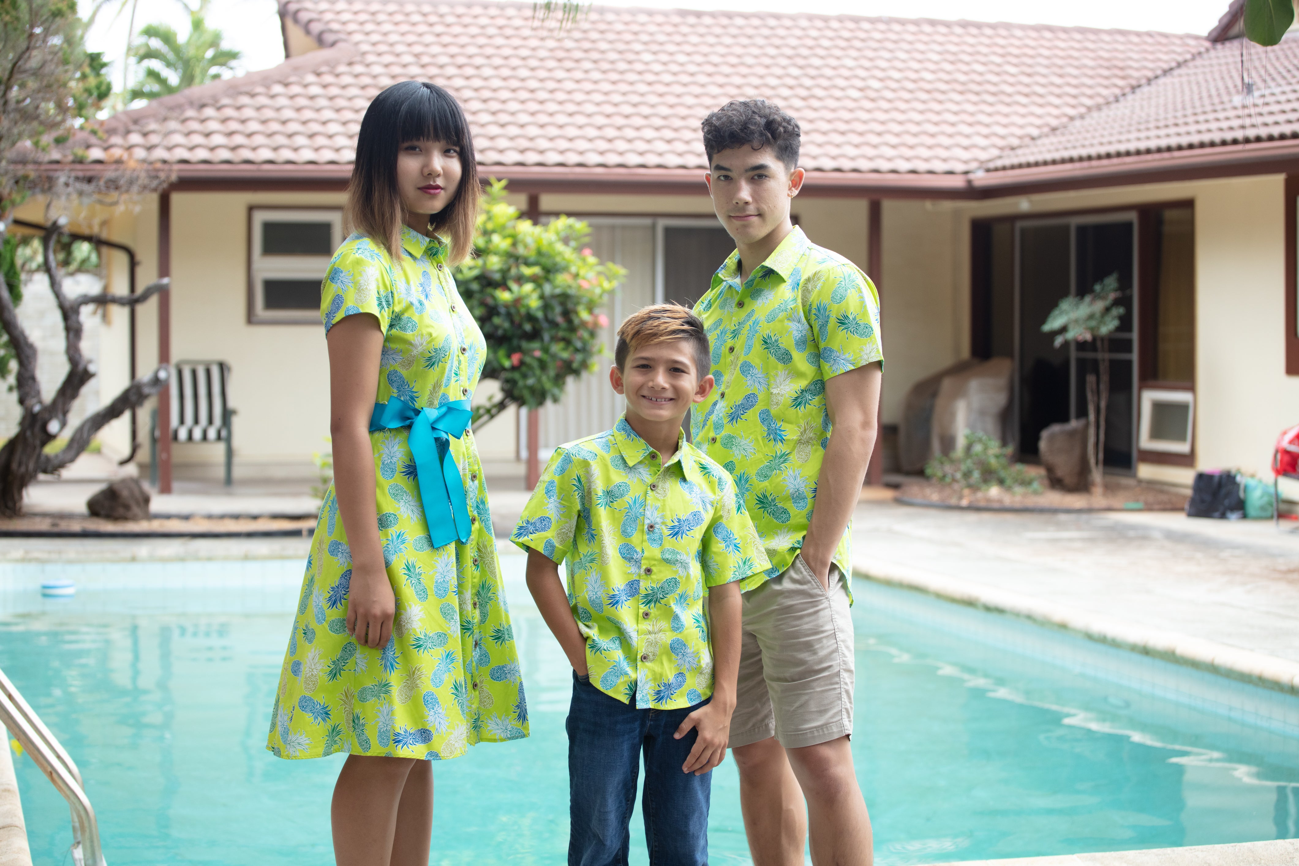 boys hawaiian shirt, lime pineapples, cotton, slim fit, tailored fit, size up suggested, family matching prints, Coradorables, aloha wear, resort wear