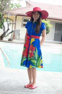 Womans, hawaiian shirt dress, extra large hibiscus, royal blue, fitted, red gross grain belt, Coradorables, modern aloha, aloha wear, resort wear, family matching