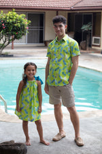 girls, hawaiian, ribbon dress, tie at shoulder, lime pineapple, aloha wear, resort wear, Coradorables, family matching