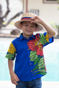 boys, hawaiian shirt, extra large hibiscus, royal blue, print on collar, short sleeve, slim fit, Coradorables, modern aloha, aloha wear, resort wear, family matching