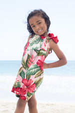 girls ribbon dress, ties at shoulder, hawaiian print, royal hawaiian, pink, tropical , Coradorables, Aloha wear, resort wear, family matching
