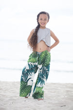  girls cotton wideleg pant, hawaiian print,monstera, tropical, green white, Coradorables, aloha wear, resort wear