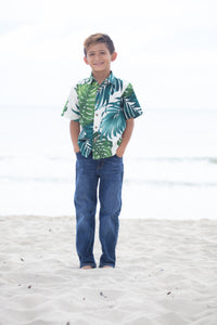 boys monstera print cotton hawaiian shirt, aloha shirt, green white, tropical, resort wear, Coradorables