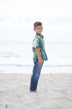 boys monstera print cotton hawaiian shirt, aloha shirt, green white, tropical, resort wear, Coradorables