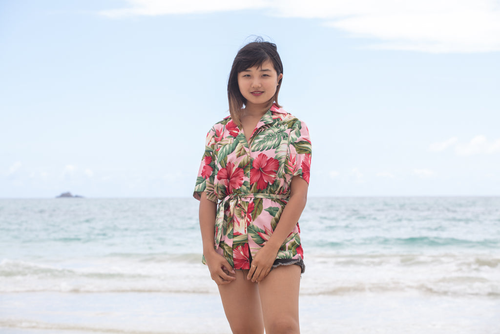womens, cinch waist top, fabric belted, hawaiian print, royal hawaiian, pink, aloha wear, resort wear, family matching