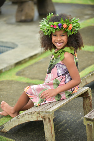 Girls, hawaiian, ribbon dress, ties at sleeve, birds of paradise, mauve, Coradorables, modern aloha, aloha wear, resort wear, family matching