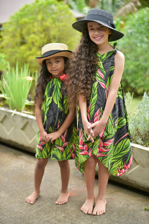 girls ribbon dress, hawaiian print, black ginger , tropical , Coradorables, Aloha wear, resort wear, family matching