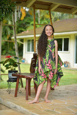 girls handkerchief dress, hawaiian print, black ginger, tropical, chic, adjustable shoulder ties, Coradorables, aloha wear, resort wear, family matching