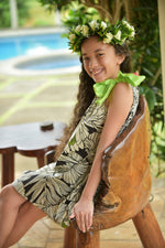Girls, hawaiian, ribbon dress, protea. black ,ties at shoulder, Coradorables, modern aloha, aloha wear, resort wear, family matching