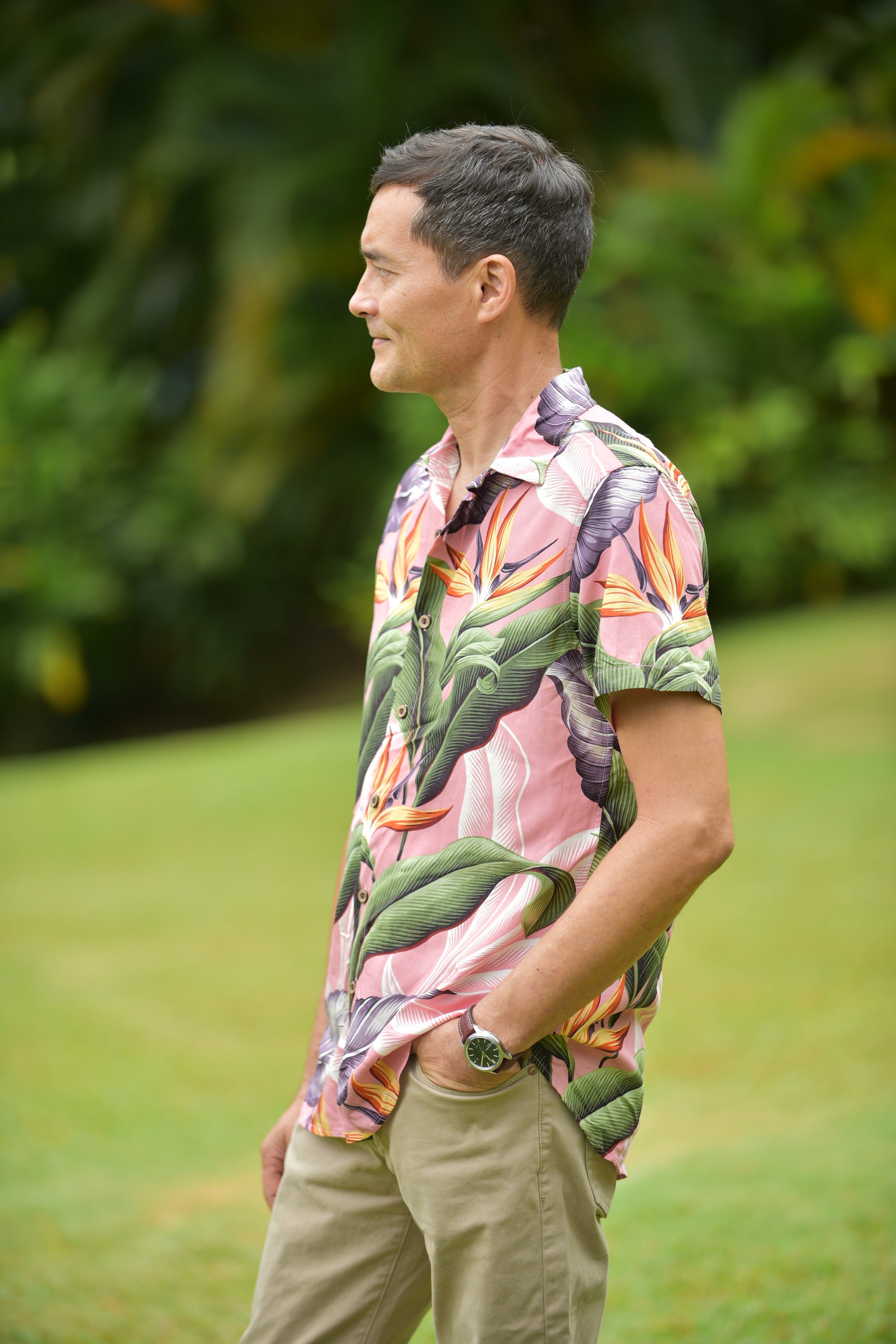 Cora Spearman Hawaii MENS Birds Of Paradise Mauve S/S "Kalani" Aloha Shirt