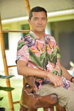 mens, hawaiian shirt, birds of paradise, mauve, short sleeve, slim fit, Coradorables, modern aloha, aloha wear, resort wear, family matching, robotics, teacher, father