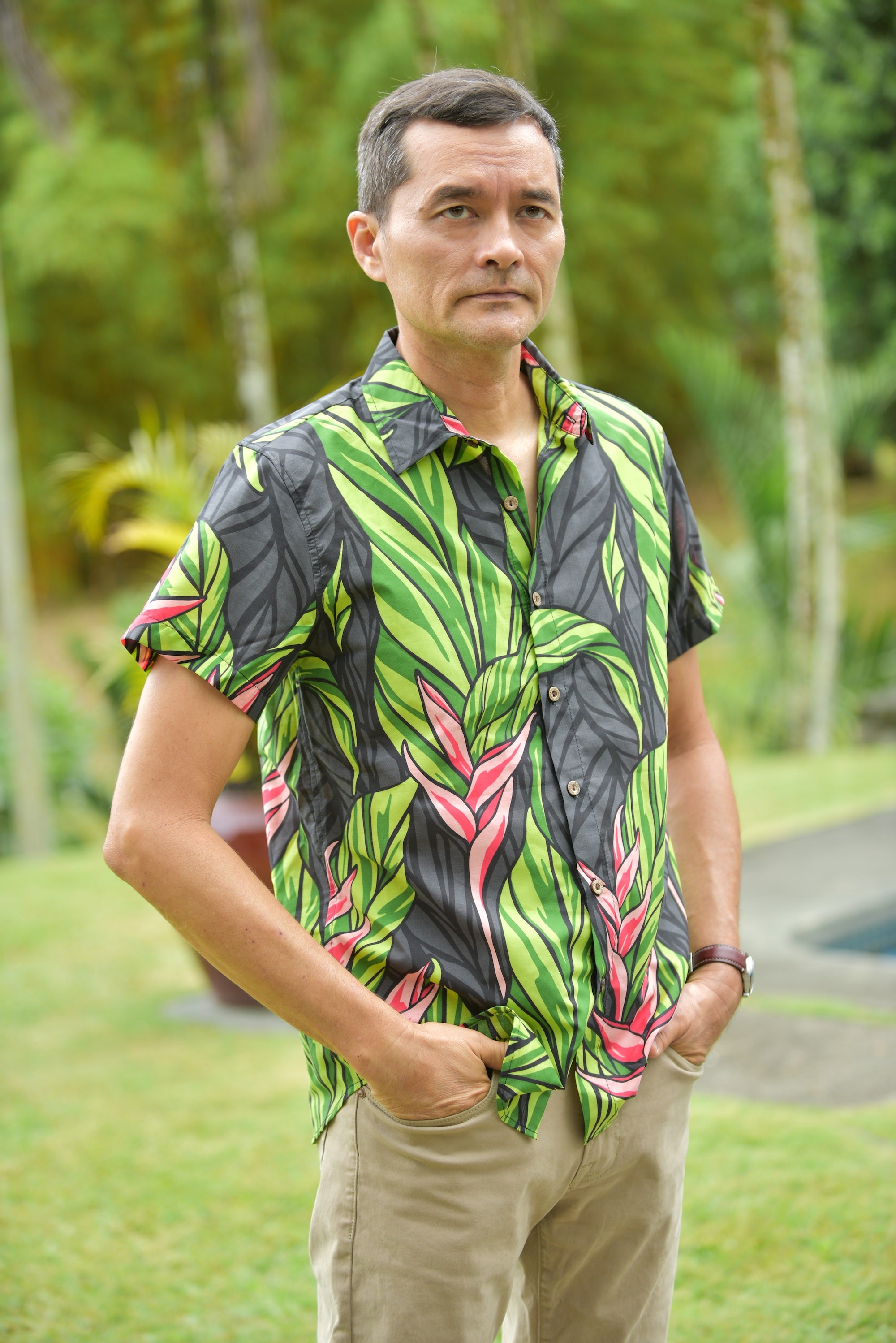 mens hawaiian shirt, black ginger, slim cut fit, size up recommended, aloha shirt, unisex, Coradorables, aloha wear, resort wear, family matching 