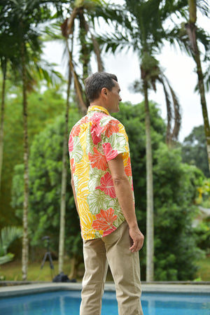 mens, hawaiian, shirt, groovy, hibiscus, yellow, orange, Coradorables, modern aloha, aloha wear, resort wear, family matching
