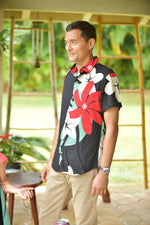 mens, hawaiian shirt, mod aloha black, short sleeve, slim fit, Coradorables, modern aloha, aloha wear, resort wear, family matching, plumeria