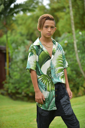 boys hawaiian shirt tropical monstera green white Coradorables alohawear resortwear