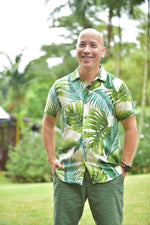 mens, hawaiian shirt, monstera, ivory,  green, rayon, Coradorables, aloha wear, resort wear, family matching, slim fit