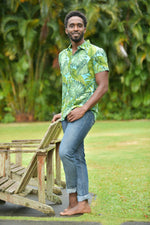 mens, hawaiian shirt, monstera, turquoise ,  green, rayon, fitted, Coradorables, aloha wear, resort wear, family matching