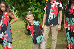 boys, hawaiian, shirt, gender neutral, mod aloha black, plumeria, monstera, Coradorables, modern aloha, aloha wear, resort wear, family matching