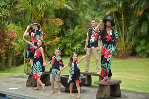 womans, hawaiian, wide legged, pant, mod aloha black, plumeria, monstera, Coradorables, modern aloha, aloha wear, resort wear, family matching