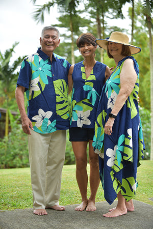 womans , hawaiian, handkerchief, dress, v-neck, flowing, mod aloha navy, plumeria, monstera, Coradorables, modern aloha, aloha wear, resort wear, family matching