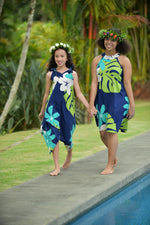 womans, hawaiian, dress, halterneck , mod aloha navy, plumeria, monstera, Coradorables, modern aloha, aloha wear, resort wear, family matching