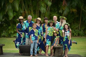 girls, hawaiian, ribbon dress, shoulder tie, mod aloha navy, plumeria, monstera, Coradorables, modern aloha, aloha wear, resort wear, family matching