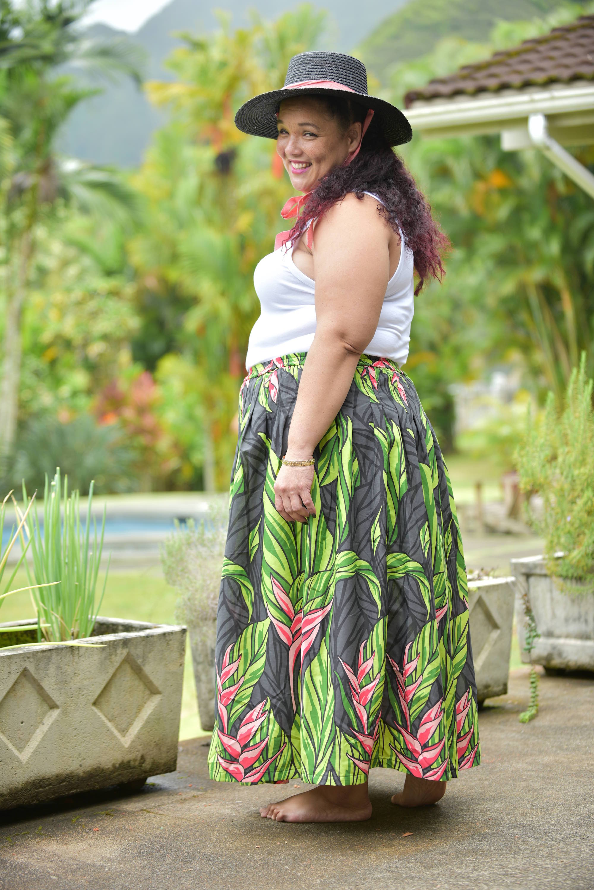 womens hawaiian, print, maxi skirt, black ginger, Coradorables, modern aloha, aloha wear, resort wear, family matching