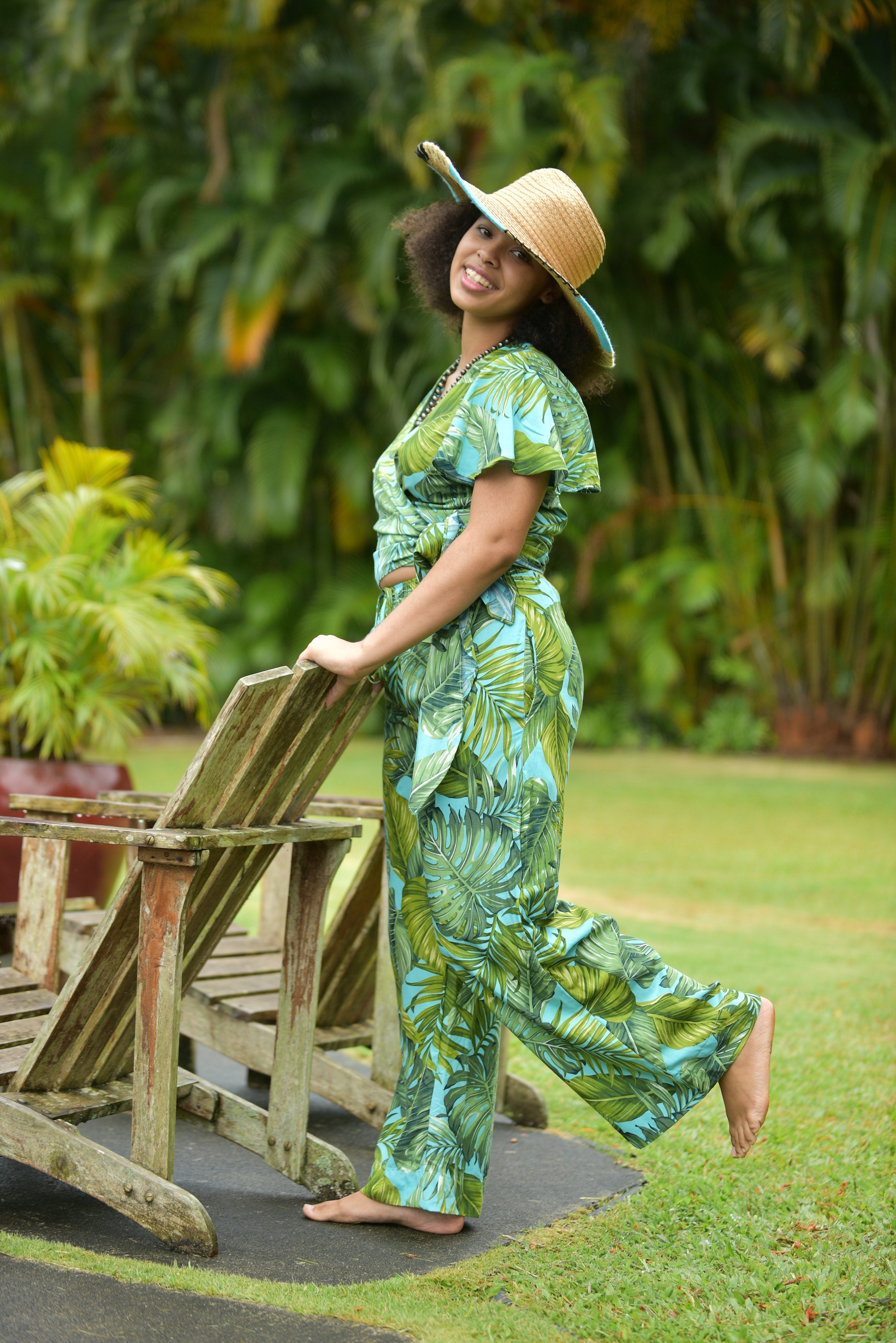 Cora Spearman Hawaii WOMENS Monstera 21 Turquoise Wide Leg Pant