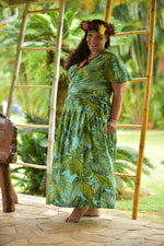 womans, hawaiian, wrap top, flutter sleeve, monstera, turquoise, green, rayon, Coradorables, modern aloha, aloha wear, resort wear, family matching, maxi skirt, pairing, plus sized model
