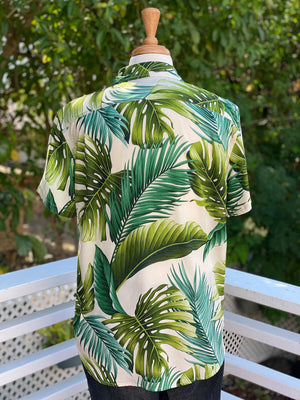 mens, hawaiian shirt, monstera, ivory,  green, rayon, fitted, Coradorables, aloha wear, resort wear, family matching