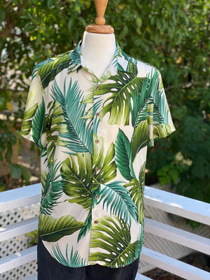 mens, hawaiian shirt, monstera, ivory,  green, rayon, fitted, Coradorables, aloha wear, resort wear, family matching