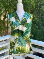 womans, hawaiian, asymmetrical, blouse, sleeveless, v-neck,, monstera, ivory, green, rayon, Coradorables, modern aloha, aloha wear, resort wear, family matching
