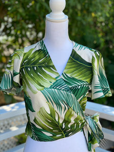womans, hawaiian, wrap top, flutter sleeve, monstera, ivory,  green, Coradorables, modern aloha, aloha wear, resort wear, family matching