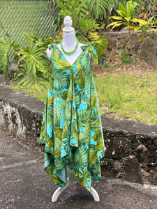 Cora Spearman Hawaii WOMENS  Monstera 21 Turquoise Handkerchief Dress