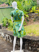 womens, hawaiian shirt, dress, monstera, turquoise ,  green, rayon, fitted, Coradorables, aloha wear, resort wear, family matching