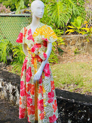 Womans, hawaiian, print, maxi skirt, groovy, hibiscus, yellow, orange, Coradorables, modern aloha, aloha wear, resort wear, family matching