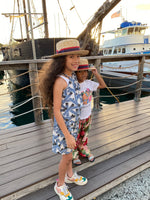 girls cotton ribbon dress, hawaiian print, blue tribal, blue white tropical , Coradorables, Aloha wear, resort wear, family matching