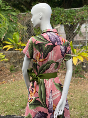 womans, hawaiian, shirt dress, fitted, birds of paradise, mauve, Coradorables, modern aloha, aloha wear, resort wear, family matching