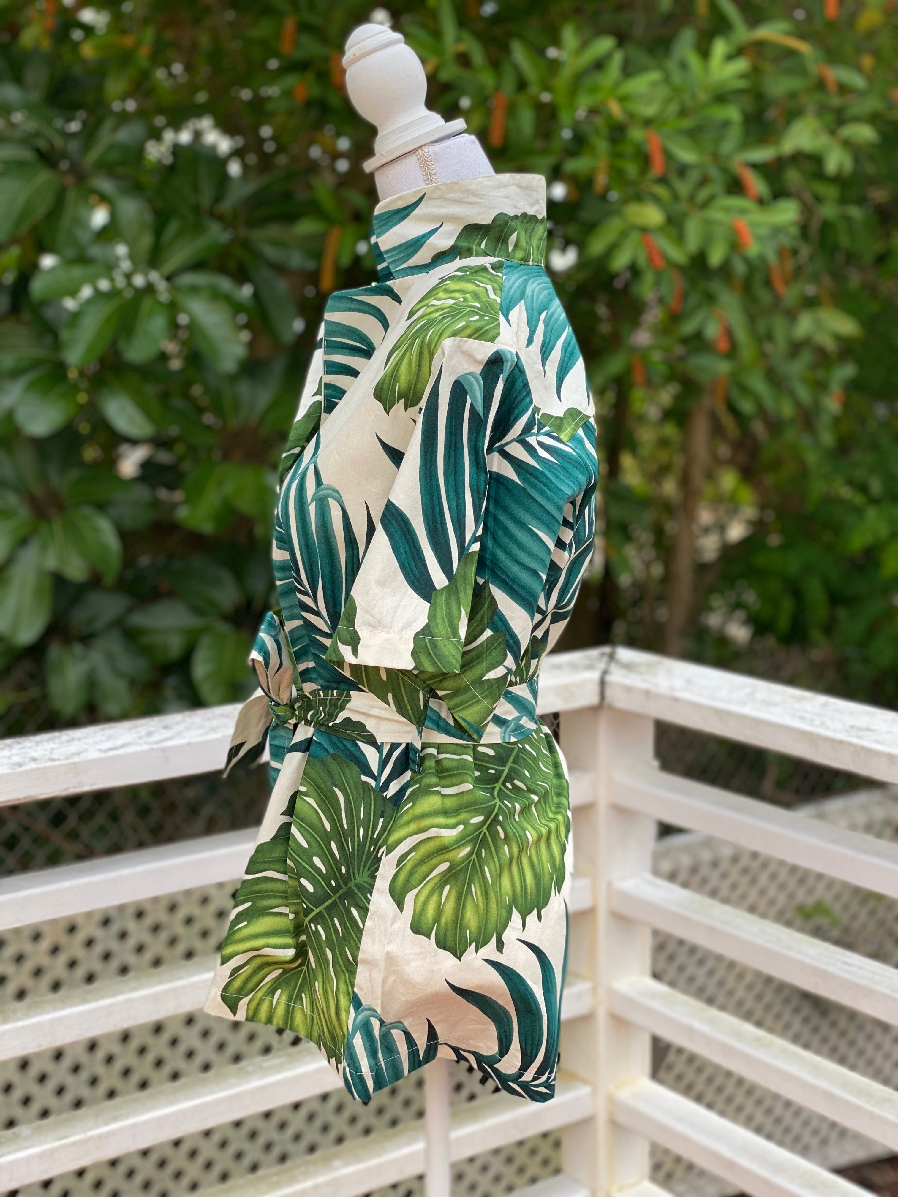 womens, cinch waist top, fabric belted, hawaiian print, monstera, green, white,  aloha wear, resort wear, family matching